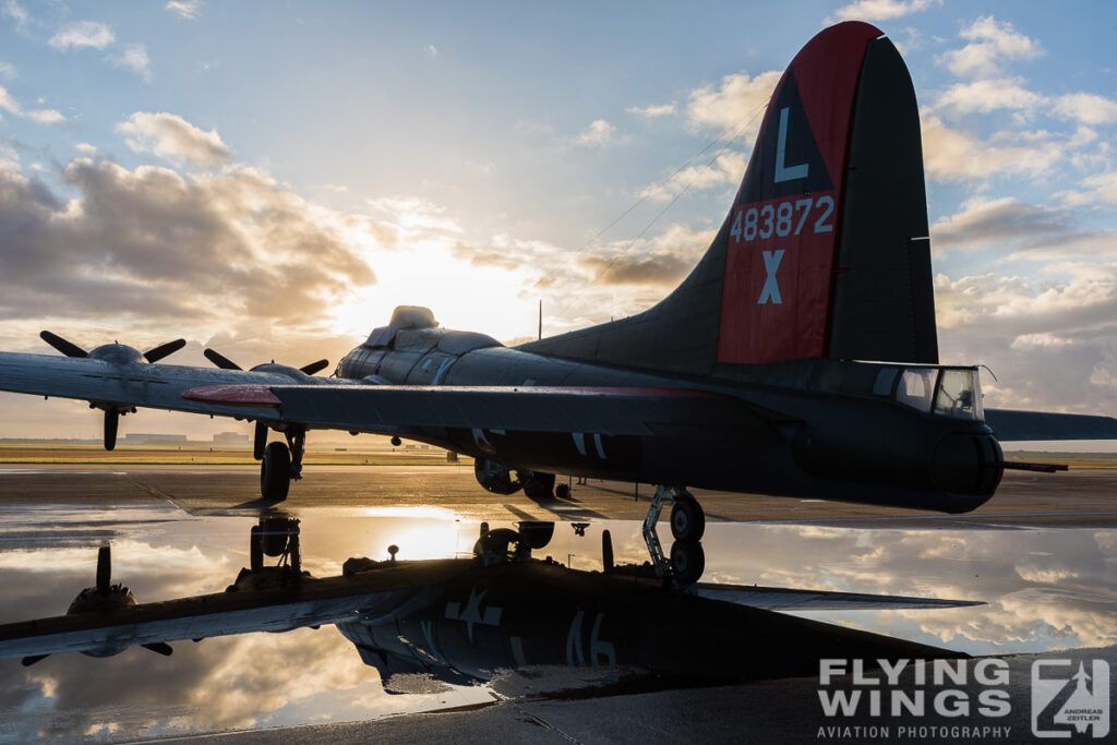2017, B-17, Flying Fortress, Houston, airshow, reflection, static display, sunrise, water