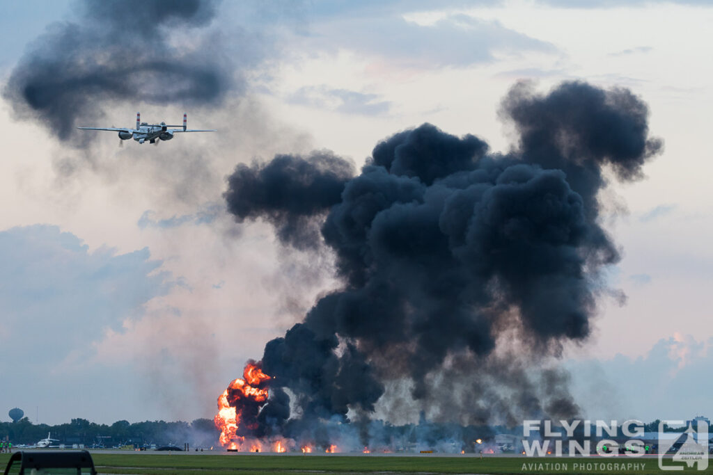 2017, B-25, Mitchel, Oshkosh, dusk, explosion, fireworks, night, smoke